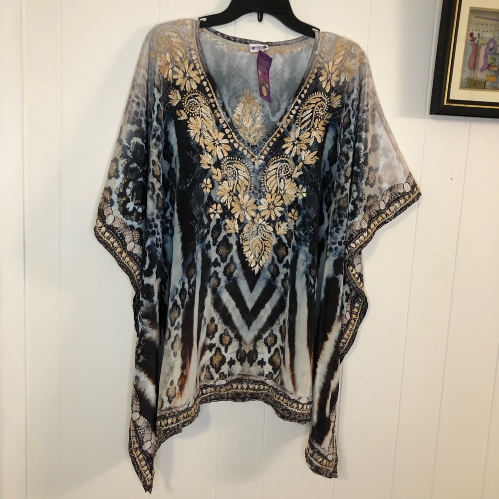Embroidered V-Neck Wrap Scarf - Blue and Gold